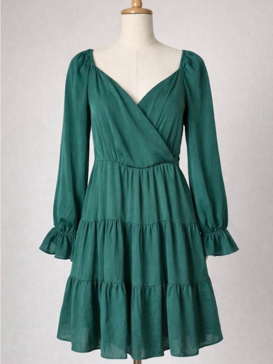 Aakaa Dresses & Skirts - Green Long Sleeve Tiered Wrap Dress
